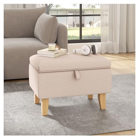 INMOZATA Linen Footstool with Storage Upholstered Storage Footstool Ottoman Pouffe Stool Change Shoe Footrest with Wooden Legs for Living Room Bedroom Beige