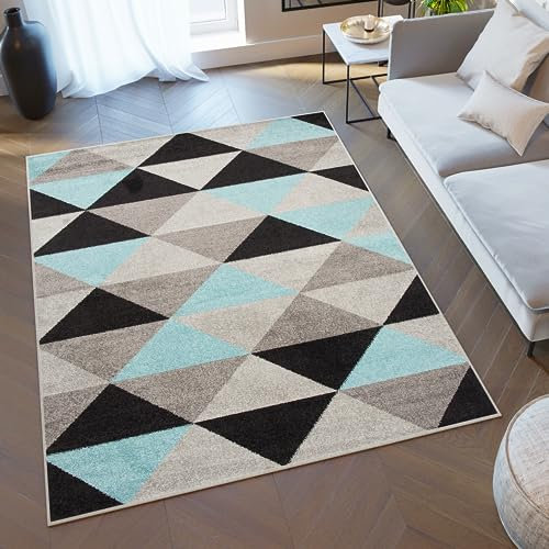 TAPISO Lazur Teppich Kurzflor Geometrisch Figuren Dreieck Grau Hellblau Schwarz Wohnzimmer Schlafzimmer Modern Design ÖKOTEX 140 x 190 cm