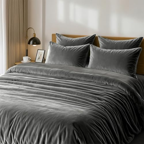 Lanqinglv Grau Bettwäsche 155x220cm Biber Warme Winter Plüsch Bettbezug Deckenbezug mit Reißverschluss und 1 Kissenbezug 80x80cm