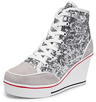 Women's Canvas Casual Shoes Dating Platform Slip-On High Top Sneakers Rubber Sole Wedge High Top Fashion Sneakers, White/ 7