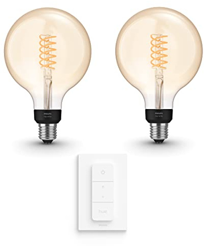 Philips Hue Vorteilspaket - E27 - mit 2 Filament Globe Lampen Groß (G125) - Warmweißes Licht - inkl. 1 Hue Dimmschalter - Hue White Filament