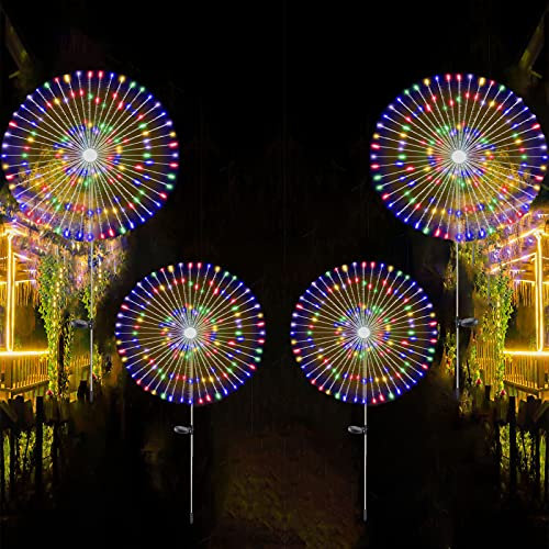 Lot de 4 feux d'artifice solaires d'extérieur - 120 LED - Alimentées par 40 fils de cuivre - Lumière de paysage pour allée, jardin, décoration de Noël (coloré)