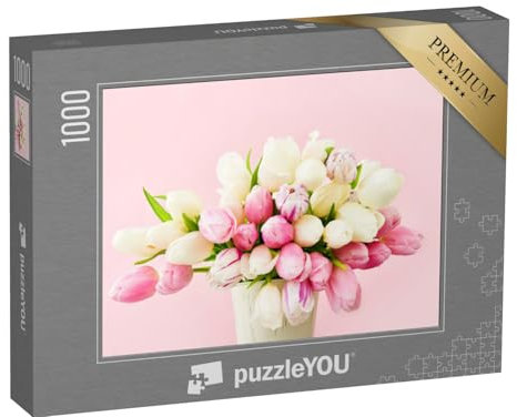 puzzleYOU: Puzzle 1000 Teile „Blumenbouquet aus rosa und weißen Tulpen in Einer Vase auf einem rosa Hintergrund“ – aus der Puzzle-Kollektion Tulpen