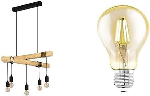 EGLO Pendelleuchte Townshend, Hängelampe vintage inkl. 5 LED Leuchtmittel, Hängeleuchte aus Holz in Natur und Metall in Schwarz, Esstischlampe, Wohnzimmerlampe hängend