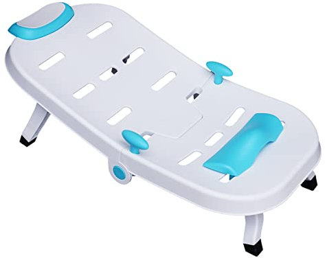 Bebé Silla de baño plegable Kit de bañera para bebé, silla de baño para niños, ajustable, champú, silla de salón con pasamanos y cojín (azul + blanco)