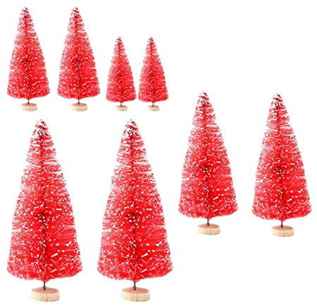 8x Desktop Miniature Tree Ornaments Bottle Brush Trees 4 Sizes with Wooden Bases Mini Artificial Christmas Tree for Home Decor Tabletop, Red