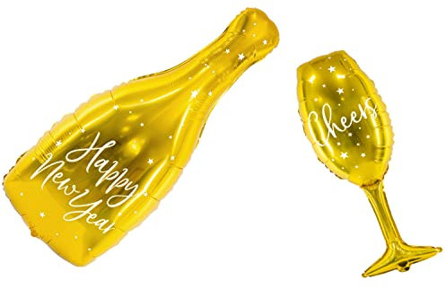 Set Folienballon Sektflasche und Sektglas Neujahr Deko Ballon Happy New Year Cheers Deko Neues Jahr Luftballon Deko Silvester Champagner Flasche Happy New Year