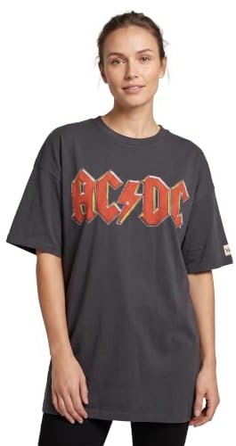 AC/DC Womens T-Shirt Dress | Charcoal Grey with Classic Band Logo Oversized Graphic Tee for Ladies | Fly On The Wall 1985 Tour Merchandise | Pop Rock Concert Gig Top | Festival Gift for Adults
