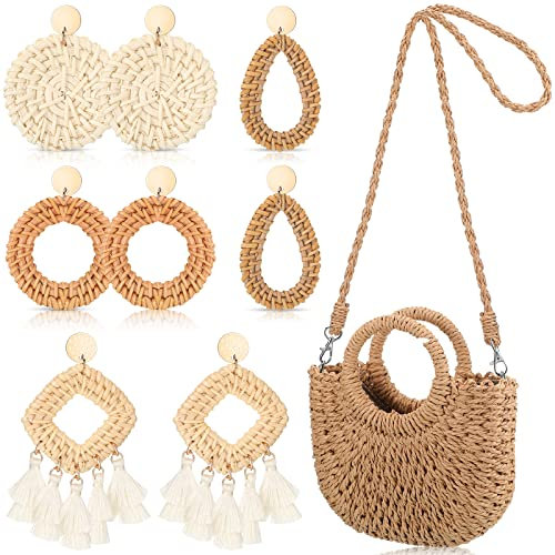 Women Straw Bag Earrings Set Women Straw Handbag with 4 Pairs Boho Earrings Mini Summer Beach Rattan Tote Bag Purse Clutch Bag Tassel Rattan Earrings for Women Beach Vacation, Classic Colors, One Size