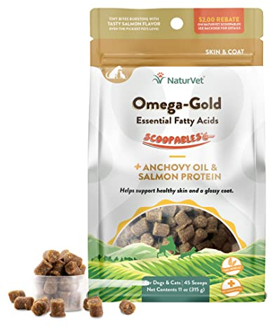 NaturVet Scoopables Omega-Gold Anchovy Oil & Salmon Supplement For Dogs and Cats - Supports Healthy Skin & Coat Plus DHA, EPA, Omega-3, & Omega-6 - Anchovy & Salmon Flavored For Dog and Cat | 11oz Bag
