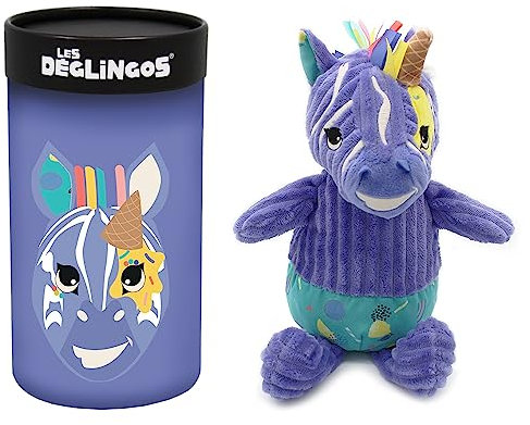 Les Déglingos - Plüschtier mit Geschenkbox, groß Simply Kiprokos Das Zebra – Ideal als erstes Plüschtier – Violett und buntes Plüschtier aus Cord – geeignet ab Geburt – 23 cm sitzend