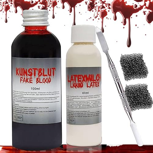 Sang artificiel d'Halloween,faux sang 100 ml, lait de latex 60 ml,sang artificiel lavable,sang de vampire, sang zombie avec 2 éponges de maquillag spatule pour le maquillage d'Halloween et le cosplay