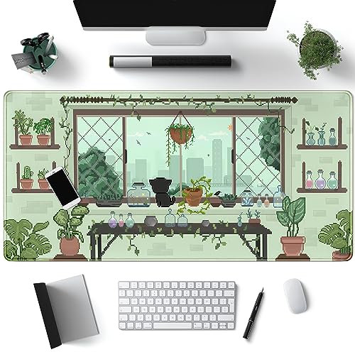 Schreibtischunterlage mit grüner Pflanze, niedliche schwarze Katze, Kawaii-Schreibtischmatte, Anime, großes Gaming-Mauspad, Pixel-Stil, XXL (80 x 40 cm), für Schreibtisch, Mauspad, Computer, Büro,