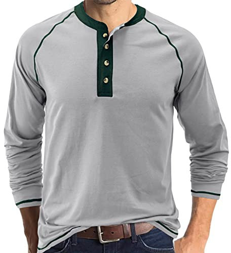 Mens Henley Shirts Casual Shirt Long Sleeve Tops Cotton Tee Basic T-Shirt Crew Neck Top Knitted Buttons Grey