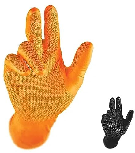 RAP Gloves (Pack of 50 Grippaz Nitrile Gloves Working Gloves Extremely Robust Non - Slip Ideal for Workshops Mechanics Industry Rubber Disposable Gloves (Orange, XL)