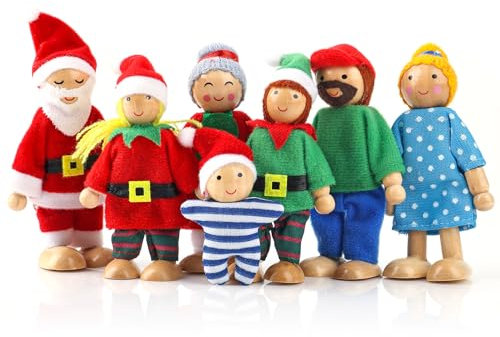 Amaxiu Weihnachts Puppenhaus Familienfiguren, 7 Stück, Holz Weihnachtsfamilien Puppen Puppenhaus Weihnachtsmenschen für Rollenspiele Rollenspiele Spielset, Partyzubehör Zubehör