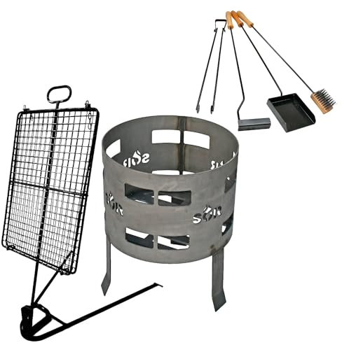 Kit Premium Parrilla Argentina Asado Brasero Grill + Parrilla Argentina Pesada / Parrilla Estaca BBQ Asado Asador + Herramientas Fuego