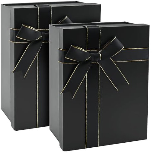2 Pack Black Large Gift Box with Lid and Bow,Black Gift Packaging Box for Christmas Valentines Day Birthday Wedding Anniversary Festival(29x22x10.5cm)