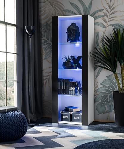 Komodee Vitrine Schrank Tivoli, Schwarz/Weiß, Breite 55cm x Höhe 159cm x Tiefe 35cm, LED Blau, 3 Regalböden, für Wohnzimmer, Schlafzimmer, Eingang
