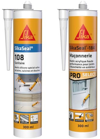 SIKA - Mastic Silicone spécial salle de bain, cuisine et douche - Anti-moisissures -Blanc -300ml + Mastic acrylique - Réparation de fissures et joints pour fenêtres et murs - Int & Ext -Blanc -300ml