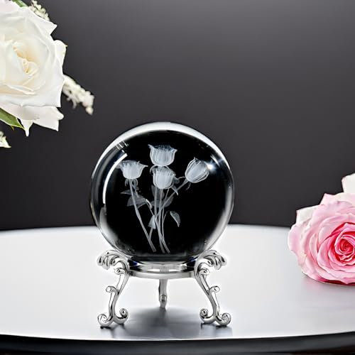 3D-Gravierte Rosen-Kristallkugel mit Ständer, 60 mm Glaskugel, dekorative Kugel, Briefbeschwerer, Geschenke für Mutter, Frauen, Mädchen