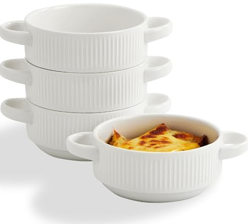 Suppenschalen aus Keramik mit Griffen, 590 ml, französische Zwiebel-Suppenschüsseln, stapelbare Suppentöpfe für Suppen, Chili, Rindfleischeintopf, mikrowellen- und ofenfest, 13,7 cm, Weiß, 4 Stück