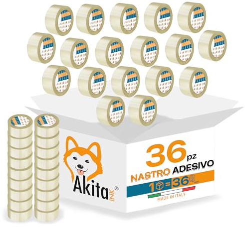 AKITAInk Nastro Adesivo Per Imballaggi Pacchi 36 pcs 50×66 Metri Nastro da Imbalaggio Silenzioso, Fortemente Adesivo e Resistente all' Acqua. (36, TRASPARENTE)