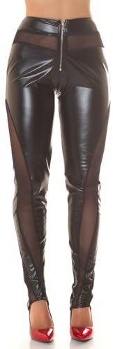 Koucla Lederlook Gogo Skinny Hose Lang Wetlook Leggings Highwaist Partyhose mit transparenten Mesh Einsätzen und Zipper Reißverschluss