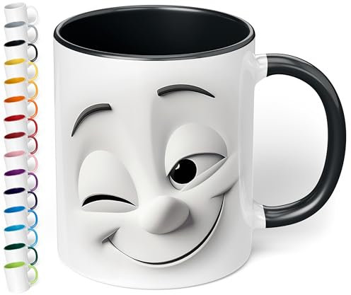 True Statements Emotion Büro Keramik-Tasse „Zwinkerndes Gesicht“ - 330ml Kaffeebecher - Face Mug - Geschenke für Kollegen (Schwarz)