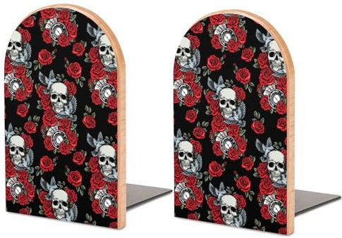 Buchstützen aus Holz für Regale, Vögel, Uhr, Karten, rote Rose, Totenkopf, rutschfest, Bücherregalhalter, 1 Paar, Buchstopper für Büro, Zuhause und Bibliothek