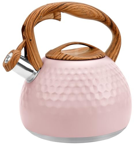 GGC Tea Kettle for Stove Top, Loud Whistling Kettle for Boiling Water Coffee or Milk, 3.1 Quart 3L Heavy Stainless Steel Pink Kettles with Wood Pattern Handle, Unique Button Control Kettle Outle
