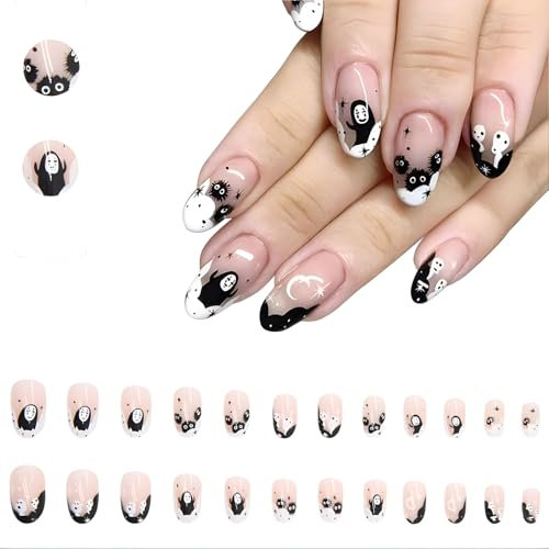 24 Stücke Halloween Falsche Nägel - Kürbis Geisterdruck Süße Künstliche Acryl Nägel Mit Weißer Geist Design Press On Nails für Mädchen und Frauen