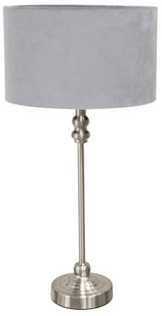 ValueLights | Brushed Chrome Metal Candlestick Table Lamp with Grey Velvet Drum Shade Bedside Light | Table Lamps, Home Décor & Improvement Essential