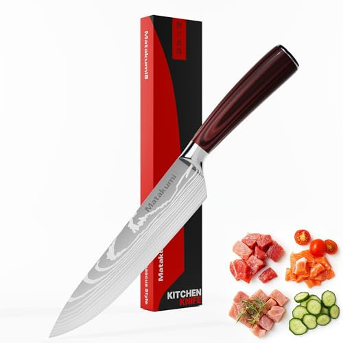 Matakumi Couteau de Chef avec Lame de 20 cm - Couteau Cuisine Multifonctionnel, Couteau Janonais Style avec Manche Ergonomique en Bois - Couteaux de Chef en Acier Inoxydable Super Tranchant