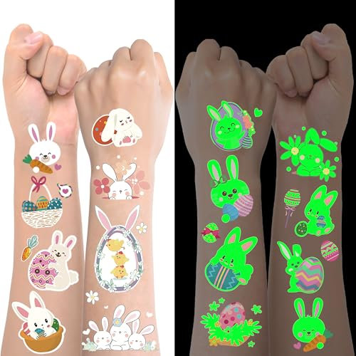 Ostergeschenke Kinder ab 3 4 5 6 7 8 9 10 jahre Mädchen Junge, 15 Blätter Leuchtende Temporäre Oster Tattoo, Kleine Ostergeschenke für Kinder Osterkörbchen Füllung