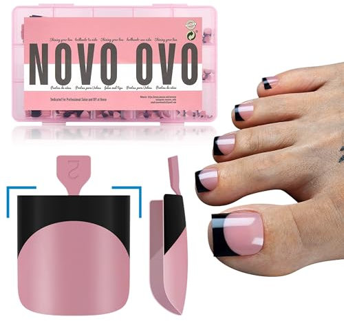 NOVO OVO Black French Tip Toe Nail Tips Press on, BERRY PINK Sharp Square Pre-Designed Soft Gel False Toenail Extension, Long/Medium Wide Fake Toenails, Full Cover Acrylic for DIY 15 Sizes 240 pcs