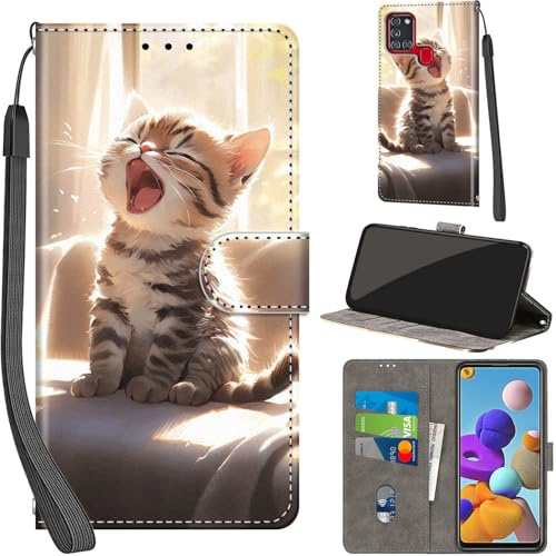 Handyhülle für Samsung Galaxy A21s Klapphülle Leder Wallet Katze | 3 Kartenfächer & 1 Geldfach, Magnetverschluss, Ständerfunktion, robuste premium PU leder klapphülle für Samsung A21s