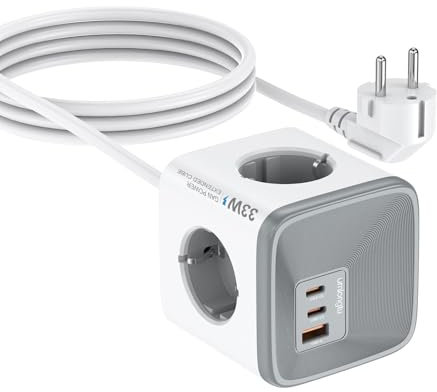 Regleta Enchufes USB 7 en 1, Regleta Cubo 4 Tomas AC (4000W/16A) y 3 Puertos USB (33W) Enchufe Multiple, Regleta Enchufes Proteccion Sobretension y Cable Extensión 1,5 m para Casa, Oficina, Escritorio