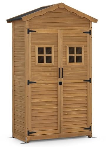 M MCombo Gartenschrank Gartenhaus Holz Wetterfest, Geräteschrank Gerätehaus Outdoor, für Außenbereich Garten Terrasse, Geräteschuppen mit 2 Bewegliche Regale, 57×109×180 cm, 1152 (Natur)