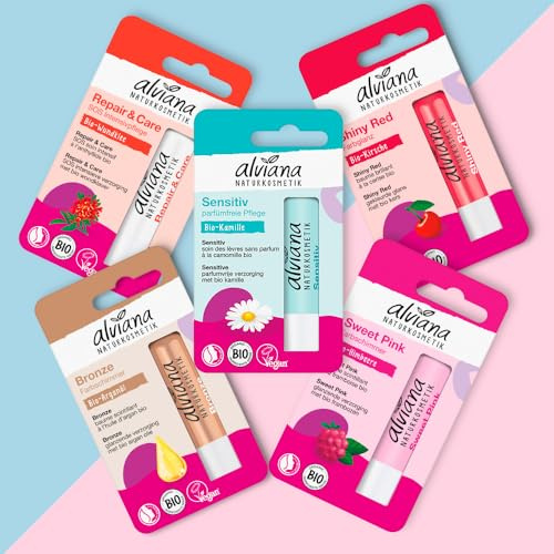 Alviana Lip Balm Collection – Set of 5 Natural Organic Lip Balms: Sensitive, Repair & Care, Bronze, Shiny Red, Sweet Pink – Hypoallergenic, Vegan, European Quality