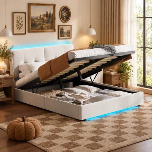 PerGar Hydraulisches Bett 140 x 200 cm, Polsterbett Doppelbett mit Stauraum, Jugendbett mit LED, Stauraumbett Jugendbett Bettgestell mit Lattenrost und Bettkasten, ohne Matratze, Samt, Beige
