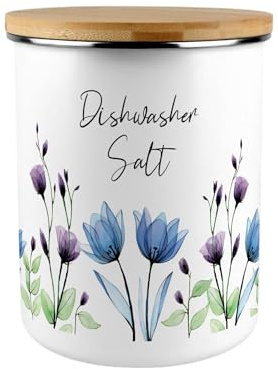 Blooming Lovely Flowers Dishwasher Salt Canister - Blue & Purple Floral Extra Large Enamel Kitchen Storage Container Gift