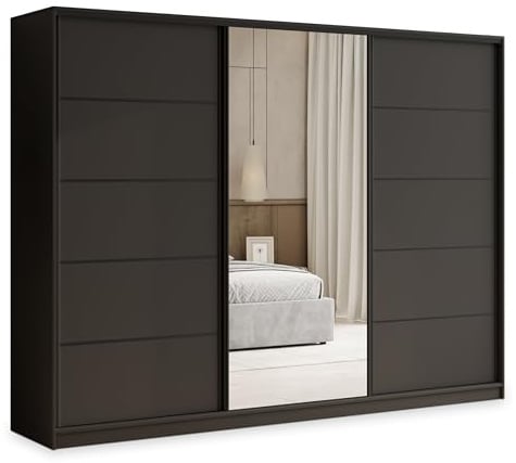 Masseno Schwebetürenschrank PINA 235/205/58 cm Kleiderschrank mit 4 Schubladen Schlafzimmer Schiebetürenschrank 3-türig mit Spiegel Schwarz