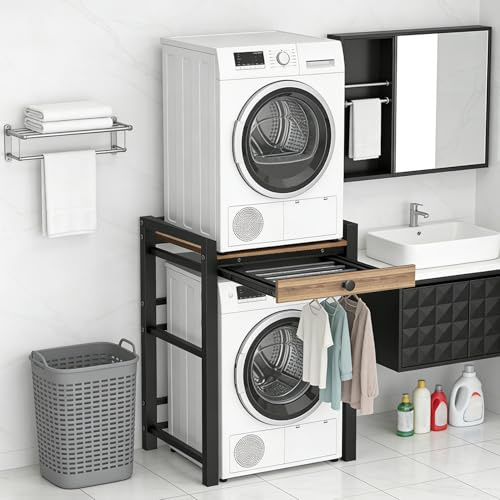 YUODIJIO Mobile Lavatrice Asciugatrice, Sovrapposizione Lavatrice Asciugatrice, Capacità di Carico 350 kg, Supporto per Lavatrice per Lavanderia o Bagno (nero con ripiano scorrevole)