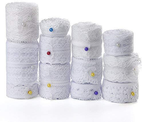 FEPITO 12 Rollos Cinta Encaje Blanco Surtido Cinta de Ajuste de Encaje para Coser y Decoraciones Festoneadas Boda Nupcial 39.6 Yardas