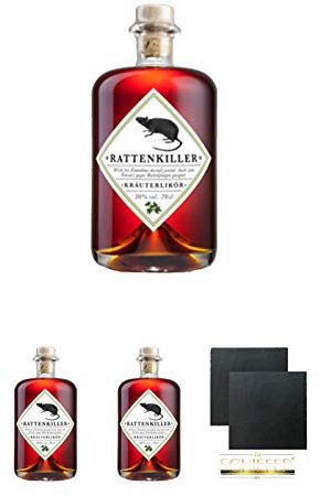 Rattenkiller Kräuterlikör 0,7 Liter + Rattenkiller Kräuterlikör 0,7 Liter + Rattenkiller Kräuterlikör 0,7 Liter + Schiefer Glasuntersetzer eckig ca. 9,5 cm Ø 2 Stück