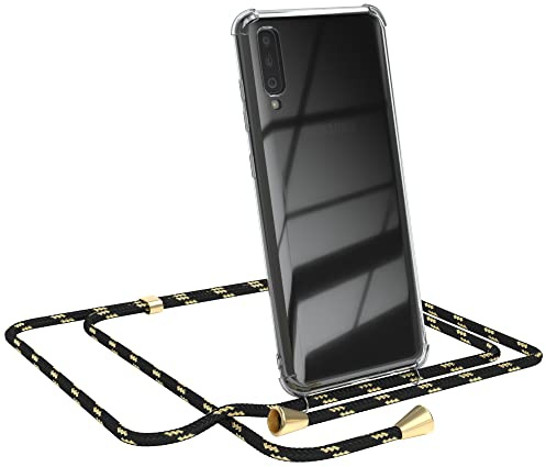 EAZY CASE Handykette kompatibel mit Galaxy A70 Handyhülle mit Umhängeband, Handykordel mit Schutzhülle, Silikonhülle, Hülle mit Band, Stylische Kette für Smartphones, Schwarz/Gold