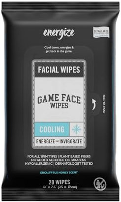 Game Face Cooling Face Wipes 25 Count XL Size Compostable Cloth Naturally Formulated and Lightly Scented Hydrating, Energizing, and Invigorating Wipes for Athletic, Sport, and On The Go Needs.