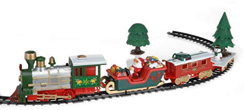 Deko Weihnachtszug rot 91x44 cm - 22 Teile - spielt Weihnachtsmusik - Mini Zug zu Weihnachten Eisenbahn mit Lokomotive, 3 Waggons und 15 Schienen und Dekobaum