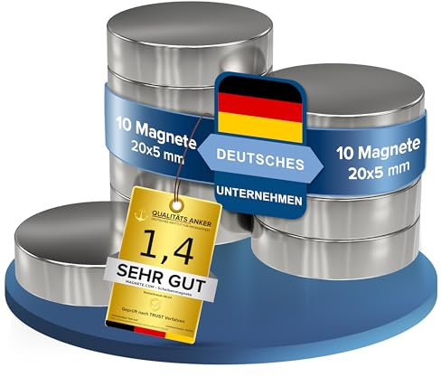 10 Stück Neodym Power Magnet silber - Scheibenmagnet extra stark rund - Durchmesser 20x5mm hoch - starke Magneten Supermagnet - Haftkraft ca. 9kg - für Magnettafel, Werkstatt